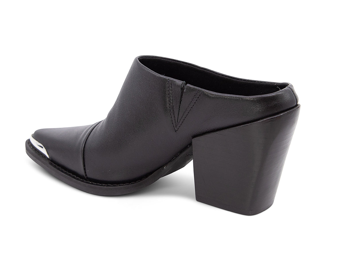 Black leather slide in shoe with a block heel and metal toe design on a white background front view side angle view