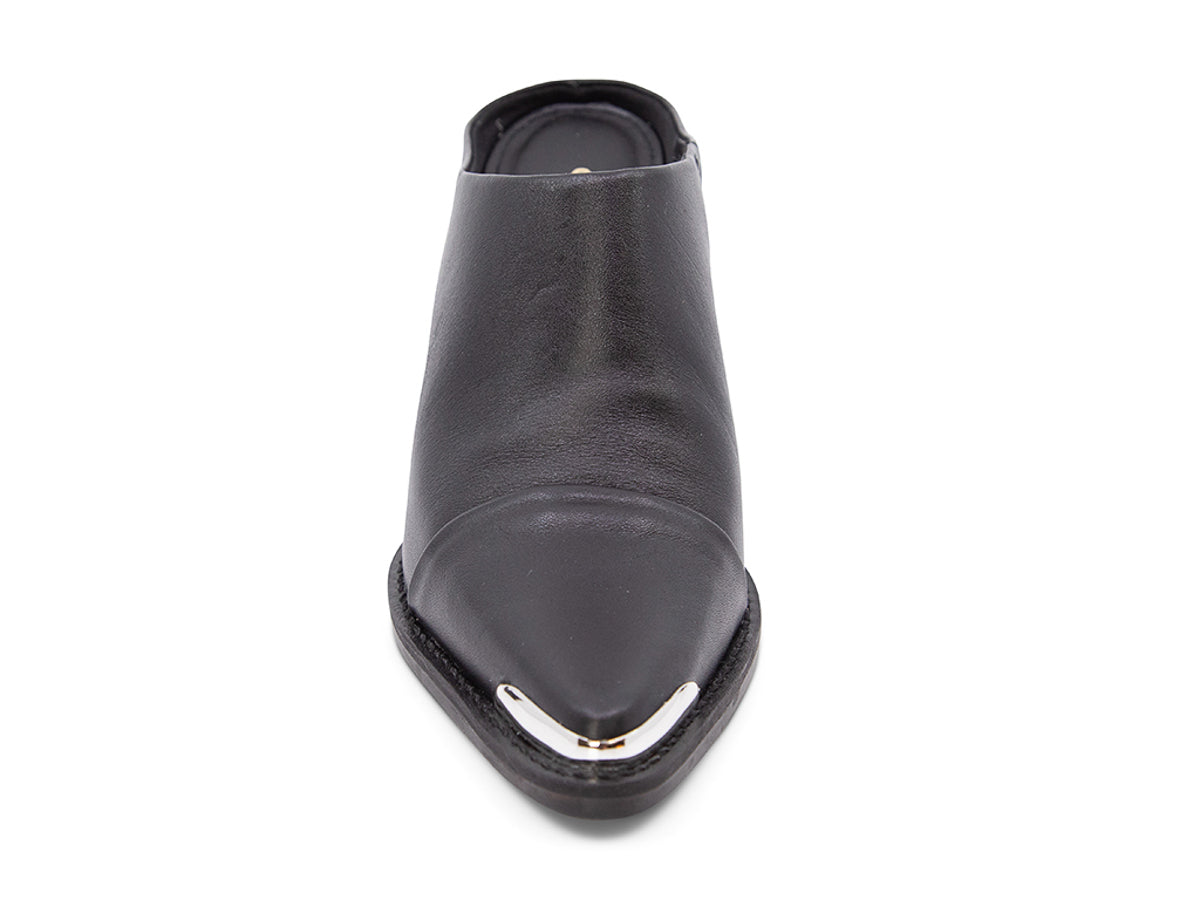 Black leather slide in shoe with a block heel and metal toe design on a white background front view front view