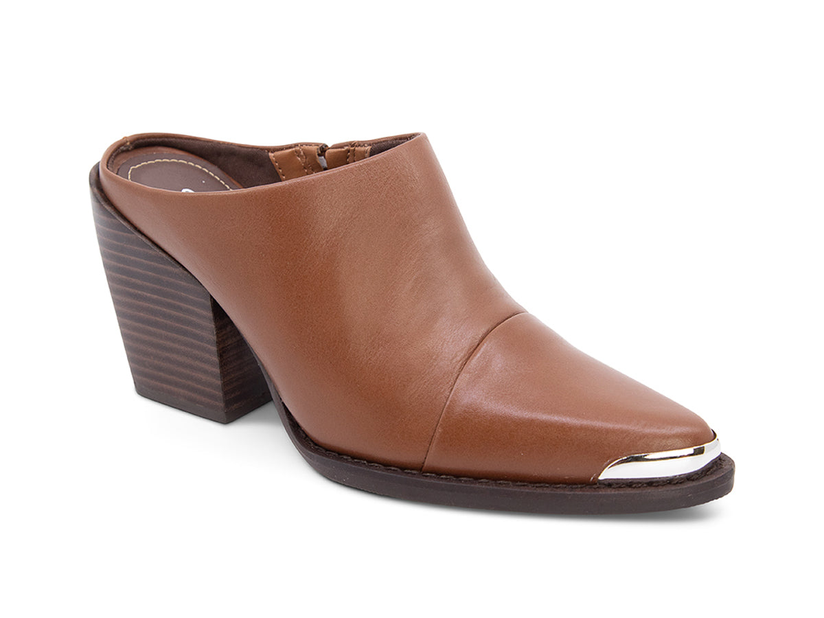 Brown leather slide in shoe with a block heel and metal toe design  on a white background side angle view