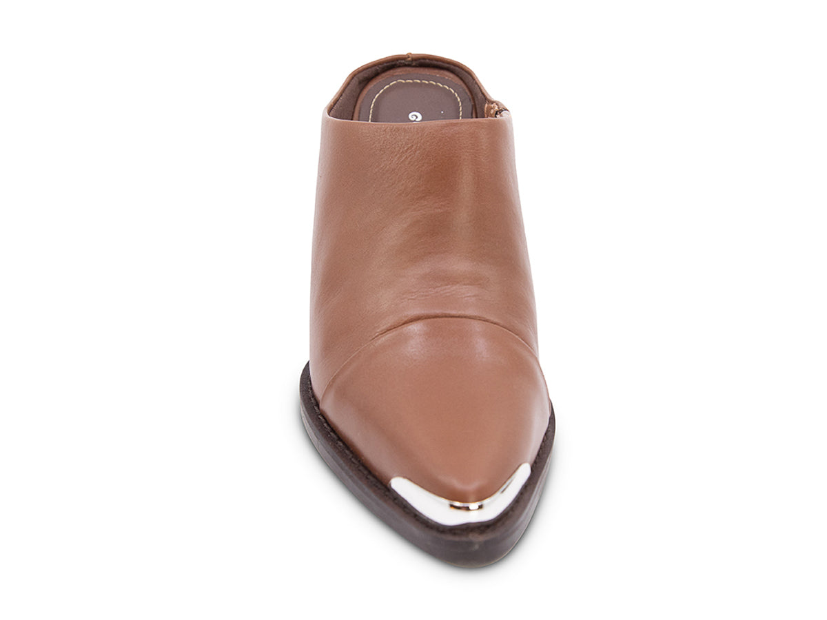 Brown leather slide in shoe with a block heel and metal toe design on a white background front view
