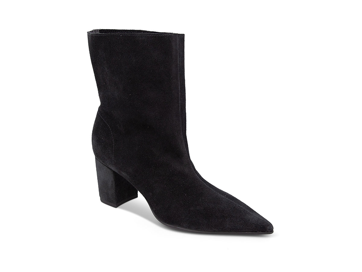 Black suede ankle boot on a white background side angle view