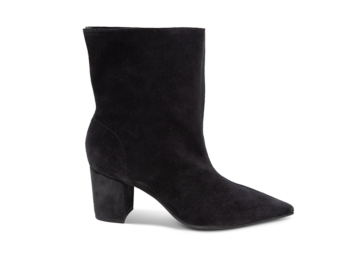 Black suede ankle boot on a white background side view