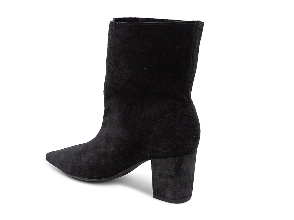 Black suede ankle boot on a white background side angle view