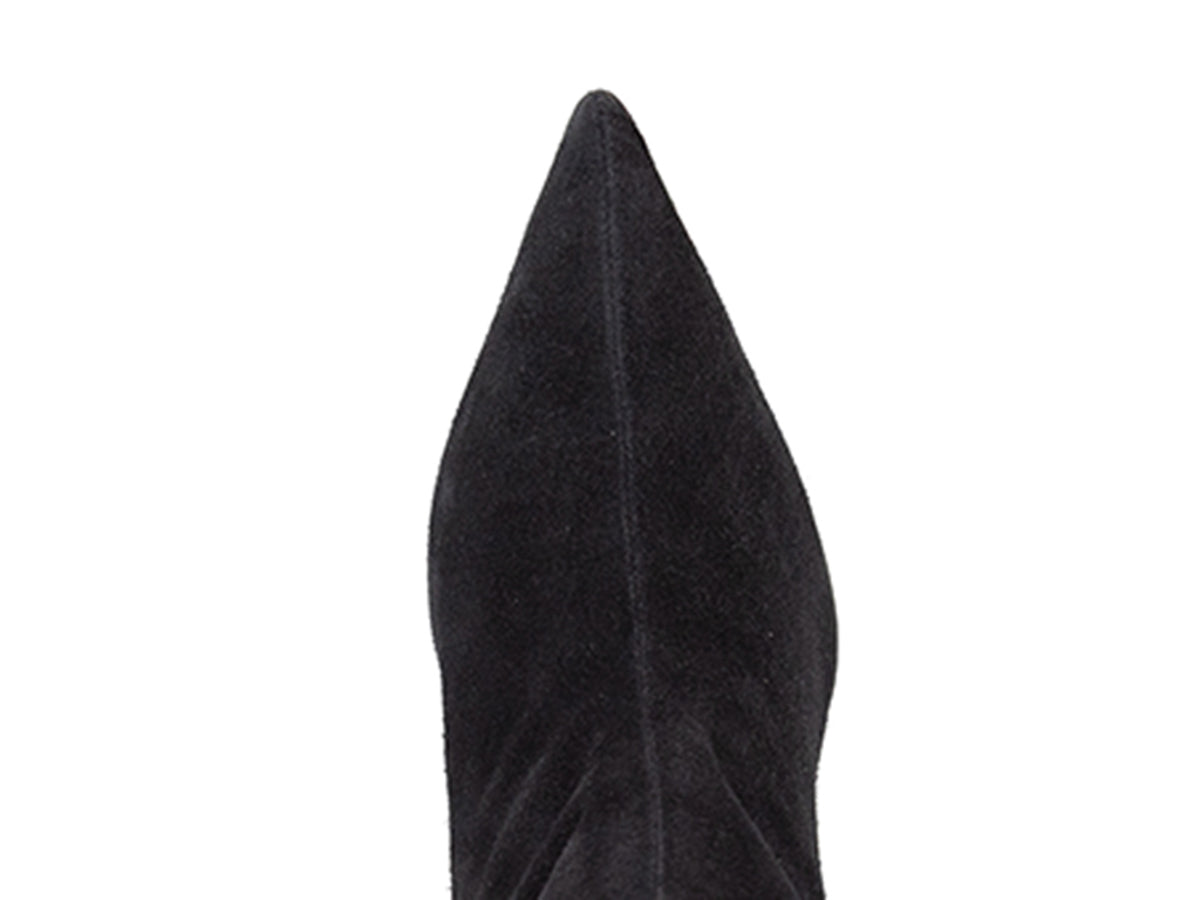 Black suede ankle boot on a white background top toe view
