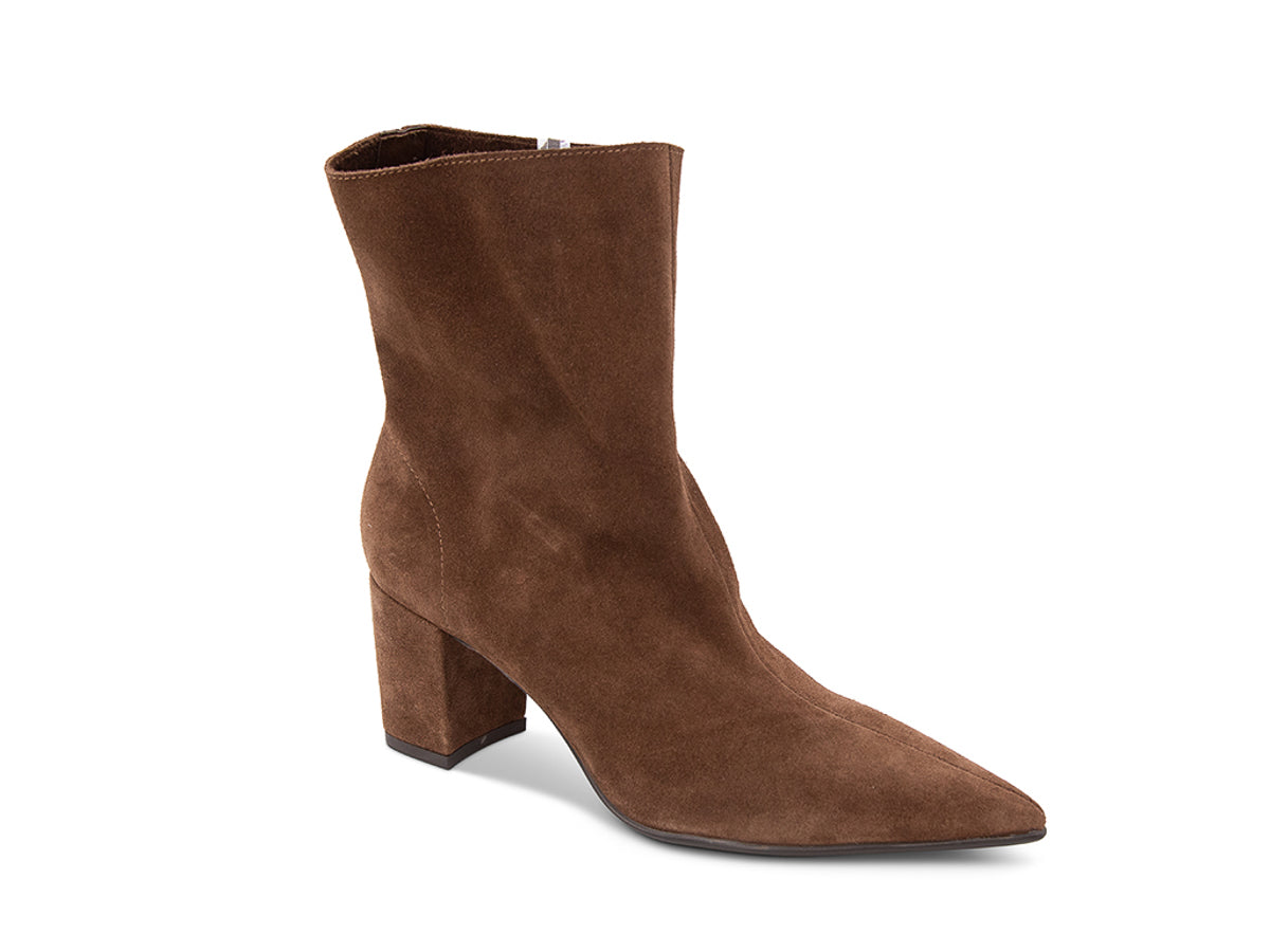 Brown suede ankle boot on a white background side angle view