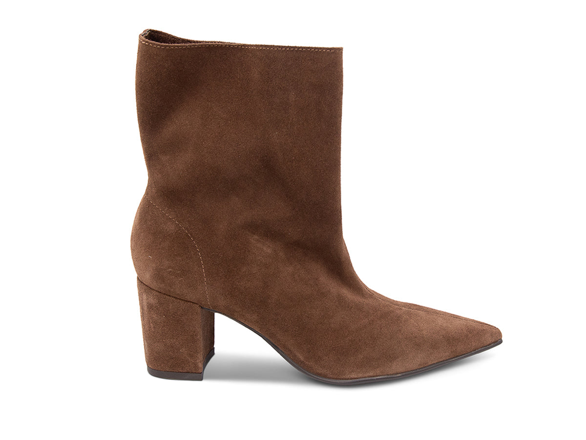 Brown suede ankle boot on a white background side view