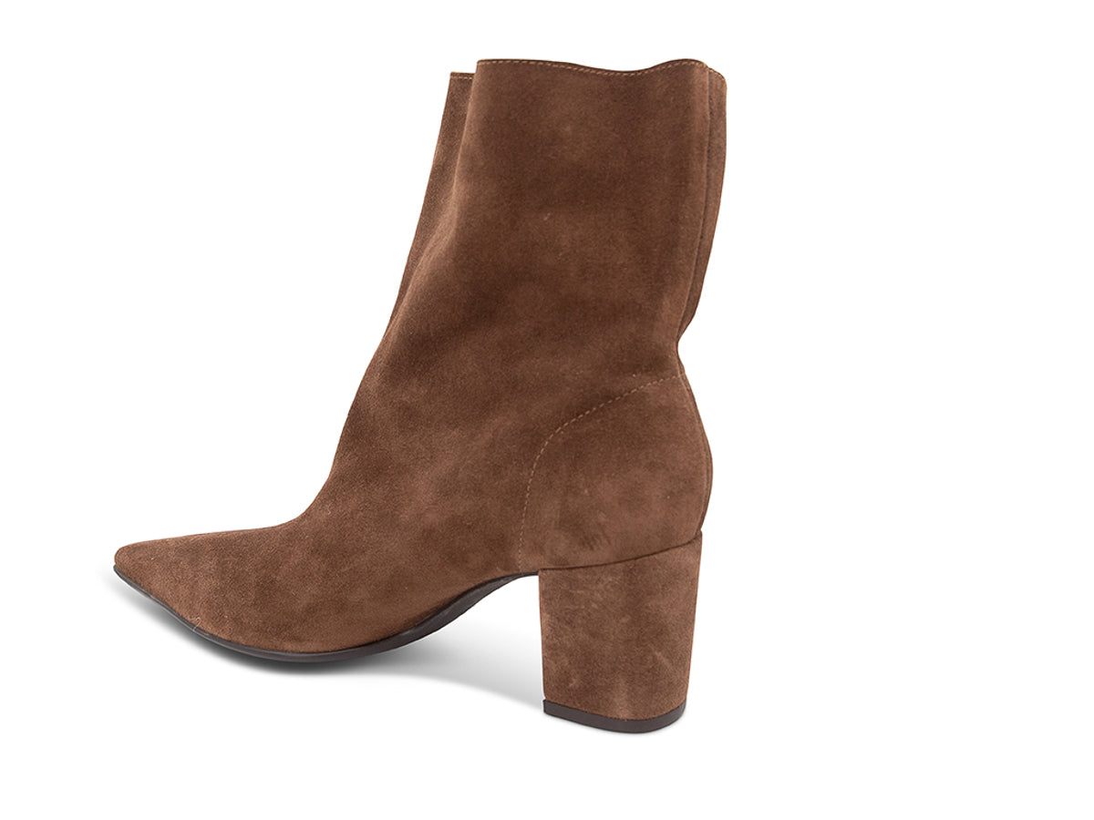 Brown suede ankle boot on a white background side angle view