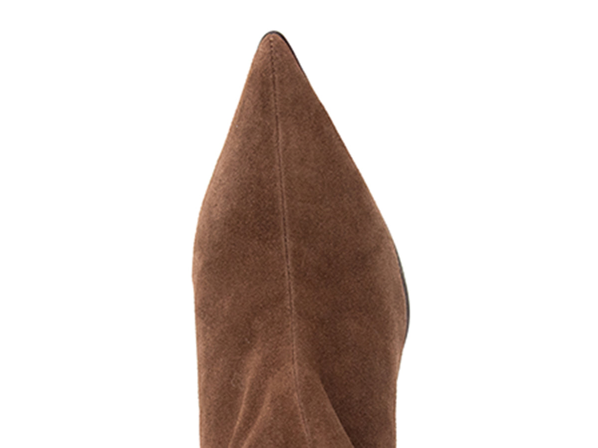 Brown suede ankle boot on a white background top toe view