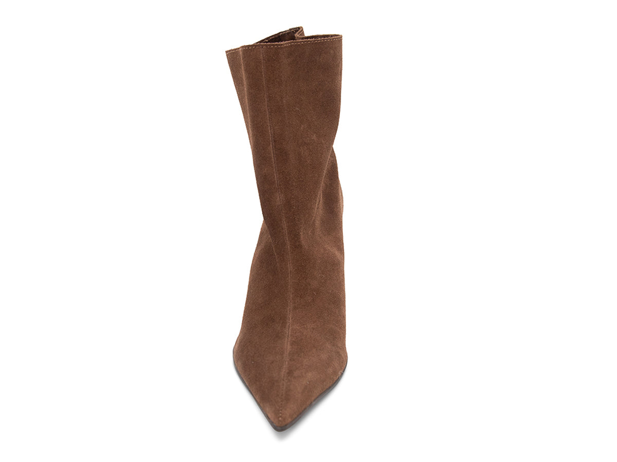 Brown suede ankle boot on a white background front view