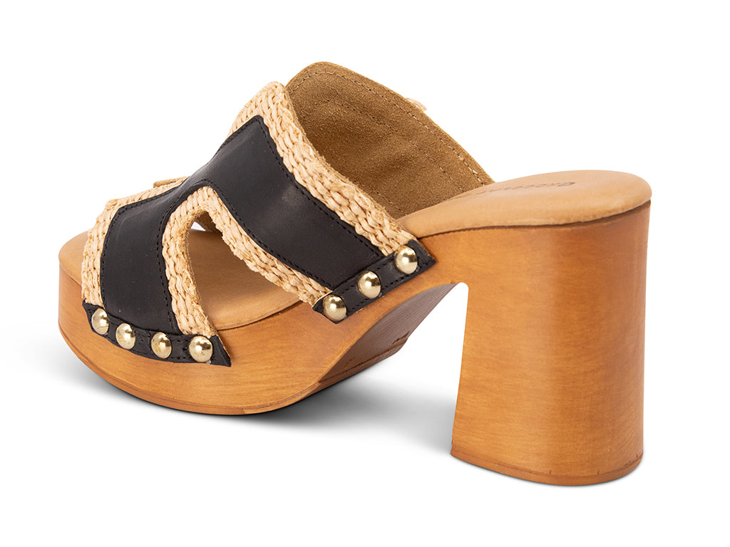 brown slide sandal on a high wooden platform with raffia and black leather upper - view from the back