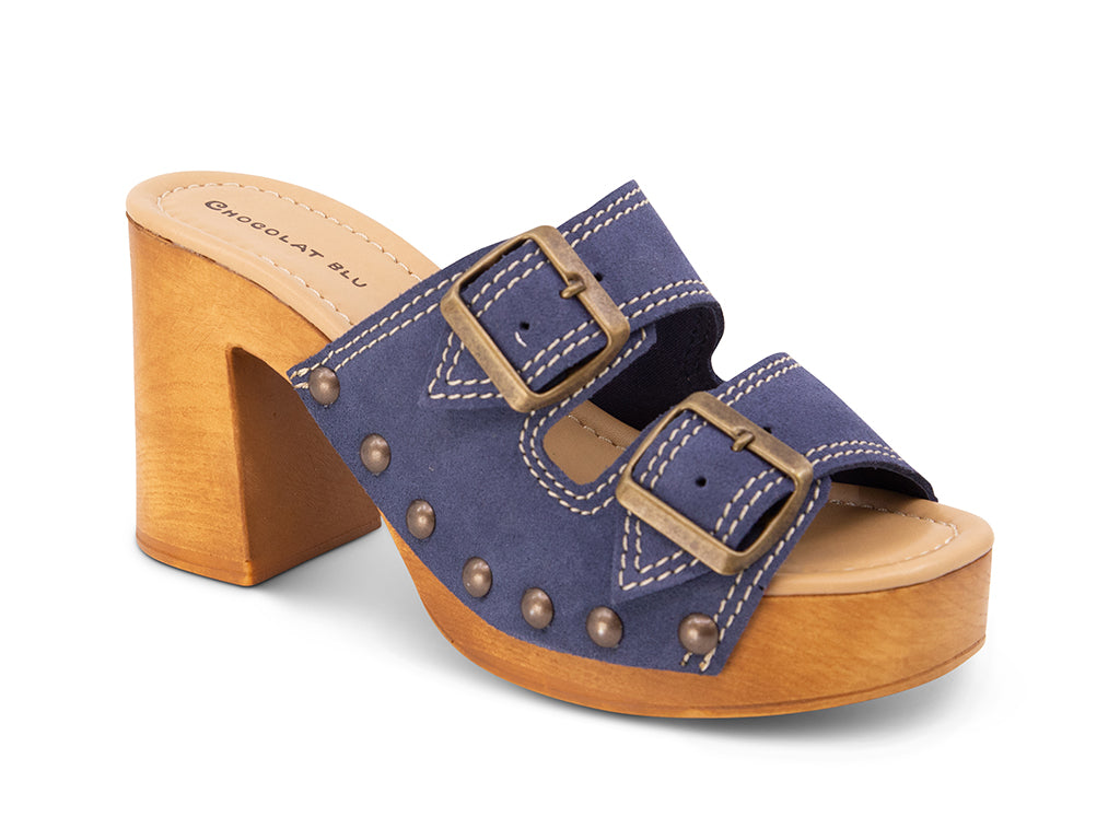 jeans suede slide sandal on wooden platform 