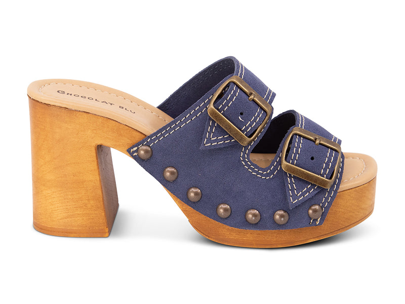 jeans suede slide sandal on wooden platform - side view