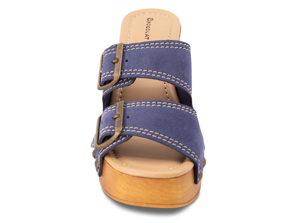jeans suede slide sandal on wooden platform -view from the front