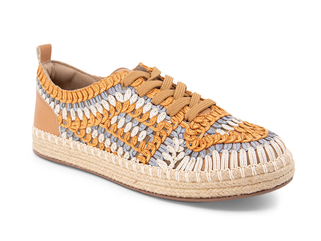 espadrille sneaker with orange, white, blue textile upper