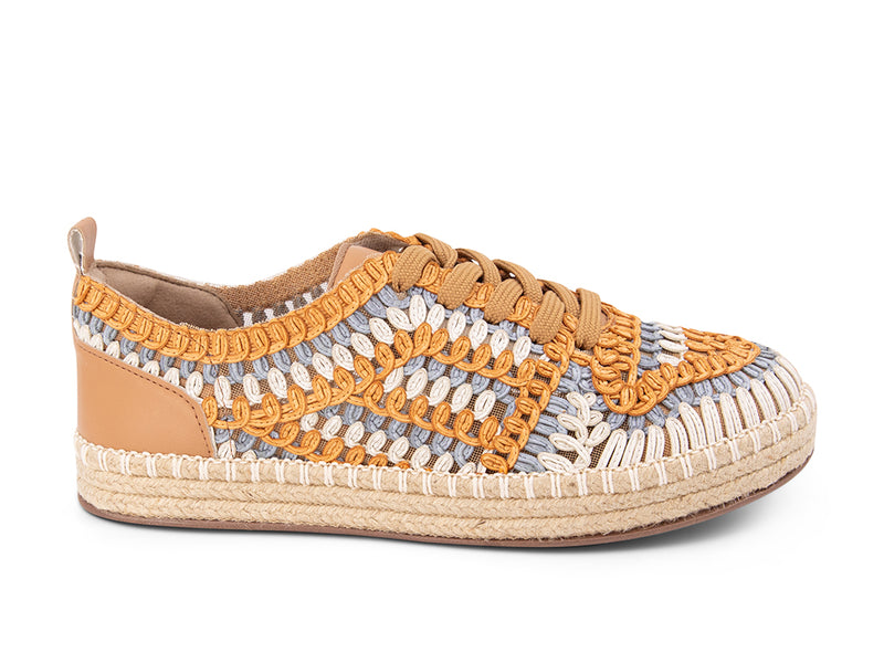 espadrille sneaker with orange, white, blue textile upper - side view