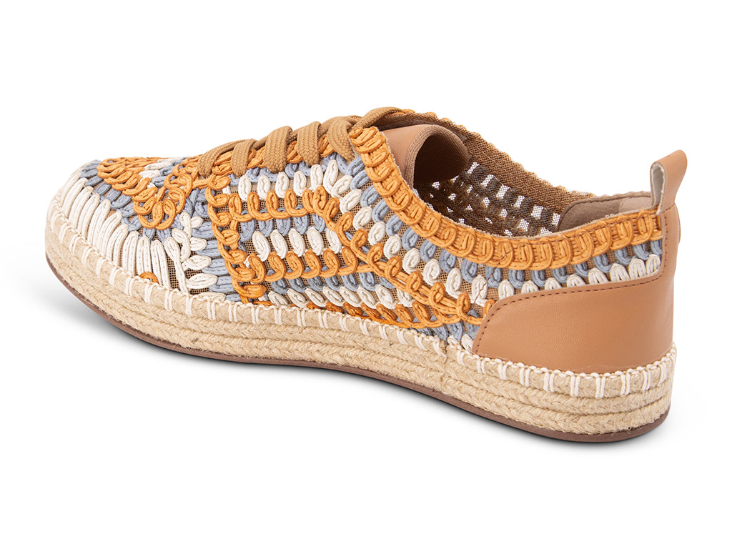 espadrille sneaker with orange, white, blue textile upper - view from the back