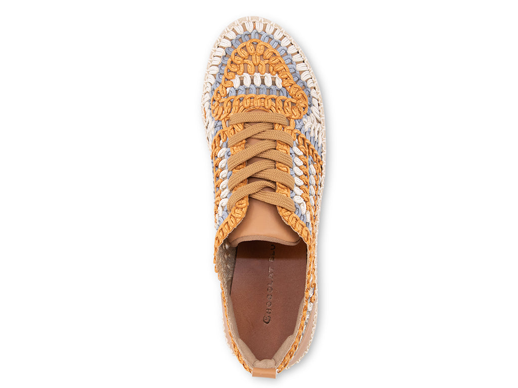 espadrille sneaker with orange, white, blue textile upper - top view