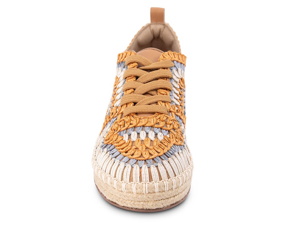 espadrille sneaker with orange, white, blue textile upper - view of the front of the shoe