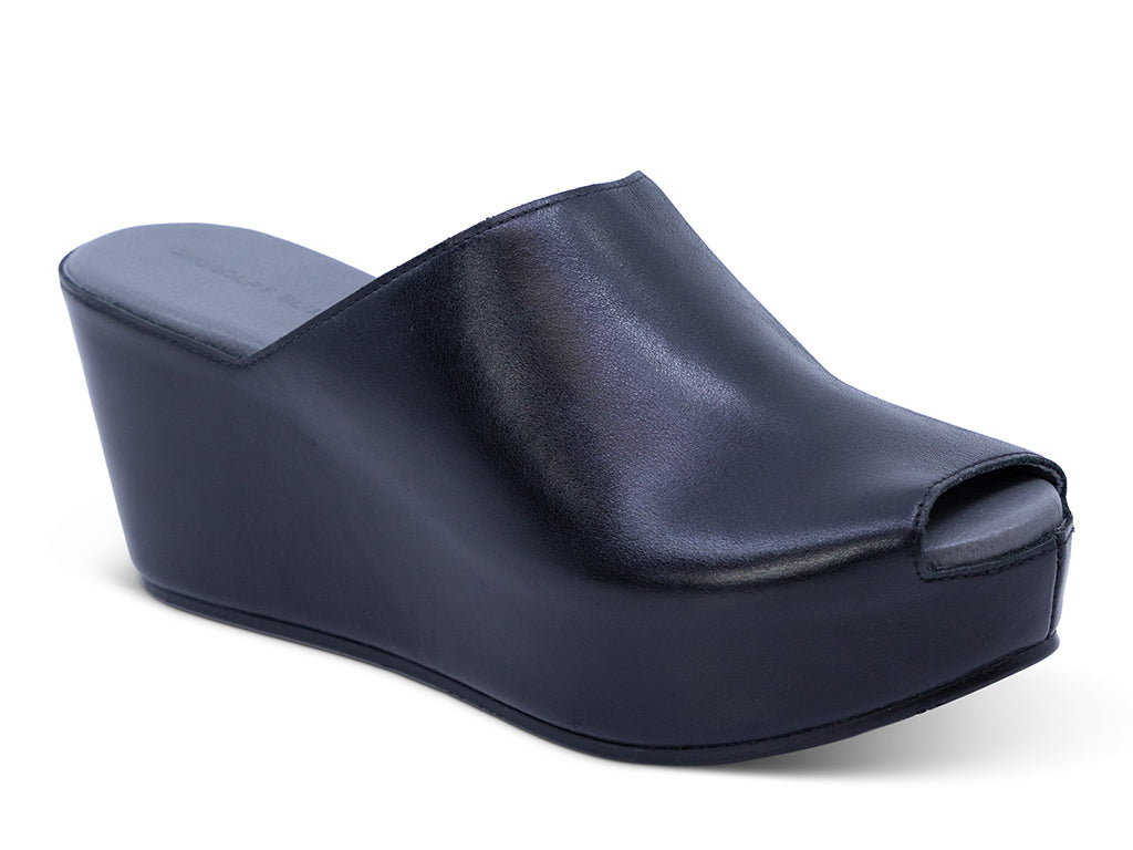 black leather wedge slide with peep toe - front 3/4 view