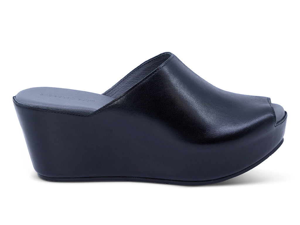 black leather wedge slide with peep toe - outer side view