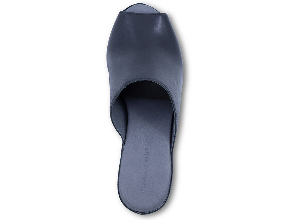 black leather wedge slide with peep toe - top view