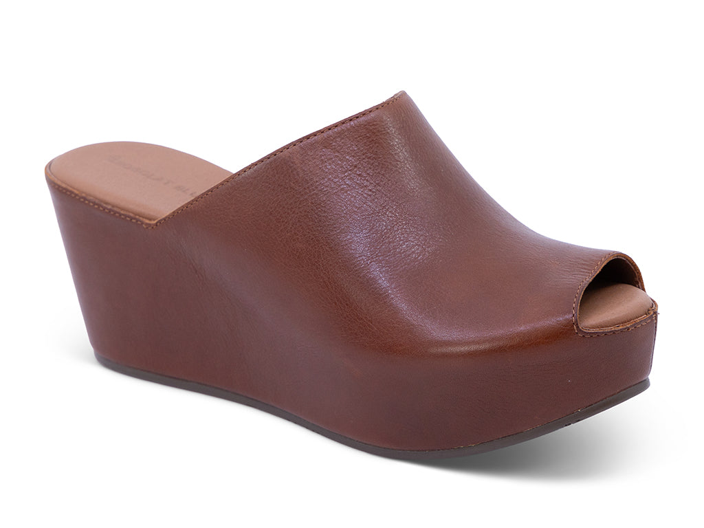 brown leather wedge slide with peep toe - front 3/4 view