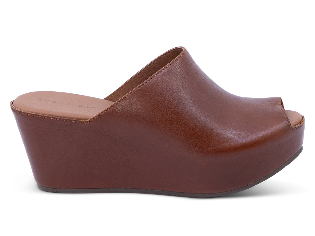 brown leather wedge slide with peep toe - outer side view