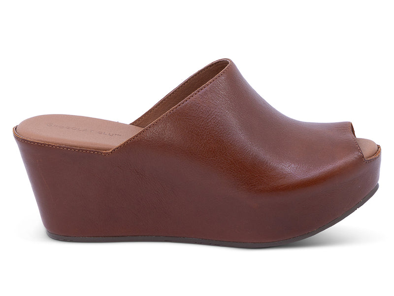 brown leather wedge slide with peep toe - outer side view