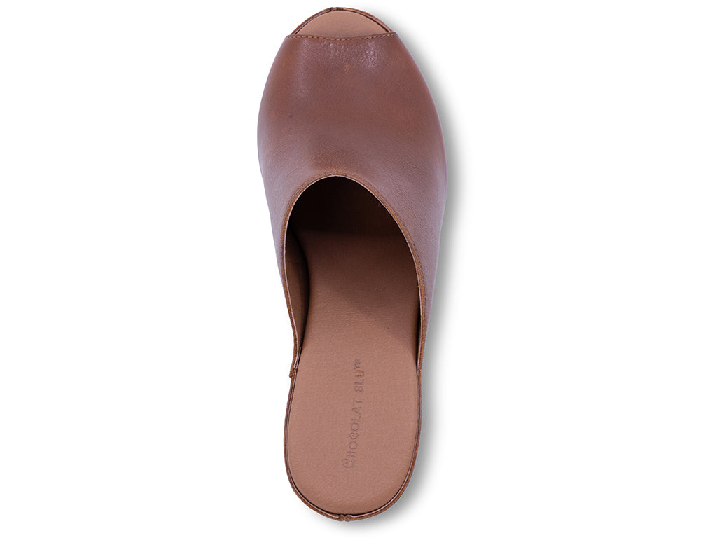 brown leather wedge slide with peep toe - top view