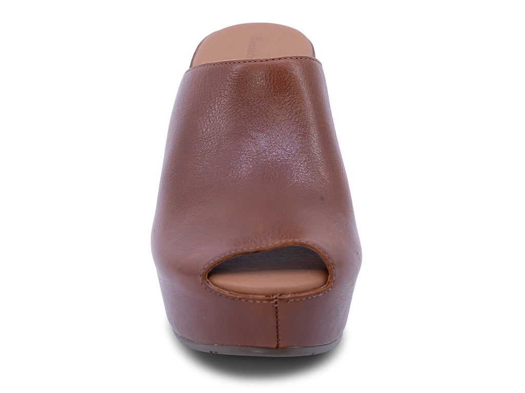 brown leather wedge slide with peep toe - front view