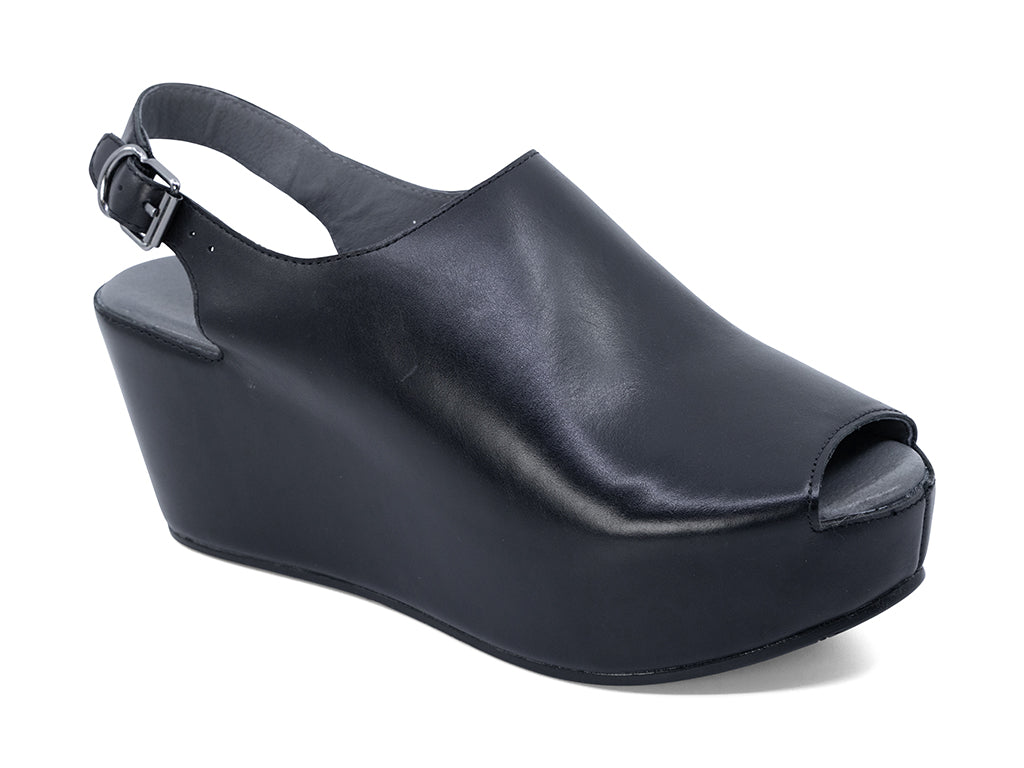 black leather wedge slingback with an open toe - front 3/4 view