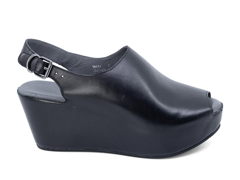 black leather wedge slingback with an open toe - outer side view