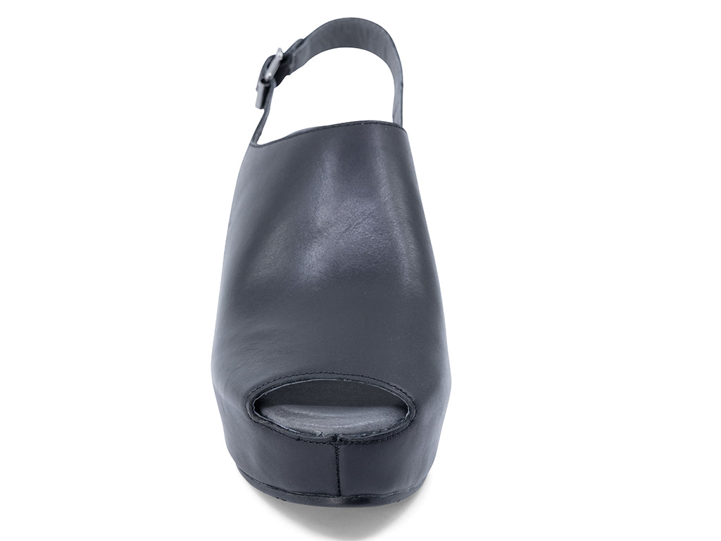 black leather wedge slingback with an open toe - front view
