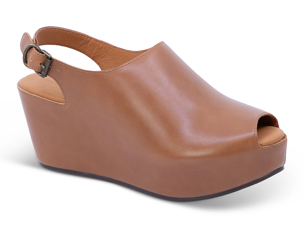 whiskey colored leather wedge slingback with an open toe - front 3/4 view
