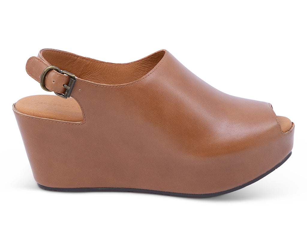 whiskey colored leather wedge slingback with an open toe - outer side view