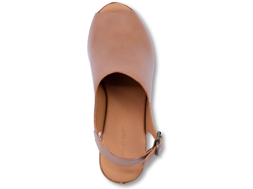 whiskey colored leather wedge slingback with an open toe - top view