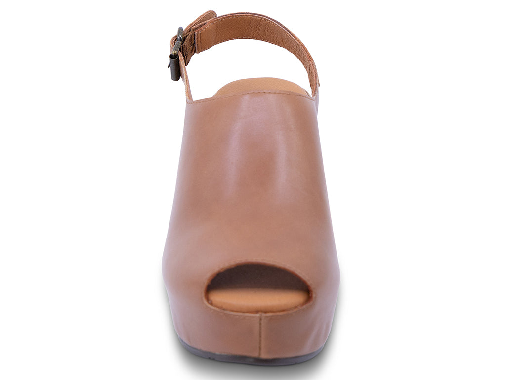 whiskey colored leather wedge slingback with an open toe - front view