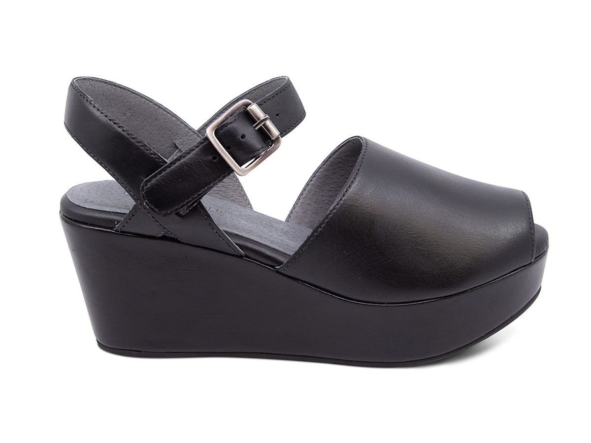 Black leather wedge peep toe platform sandal with a buckle ankle strap on a white background side view