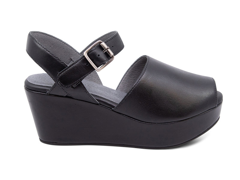Black leather wedge peep toe platform sandal with a buckle ankle strap on a white background side view