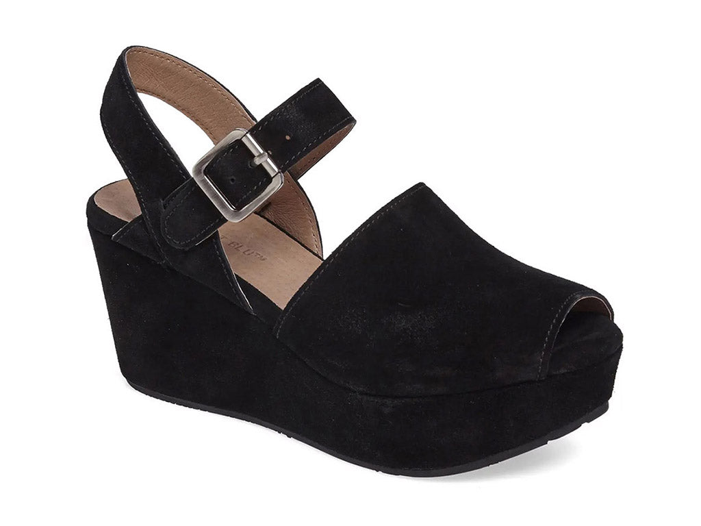 Black suede wedge peep toe platform sandal with a buckle ankle strap on a white background side angle view