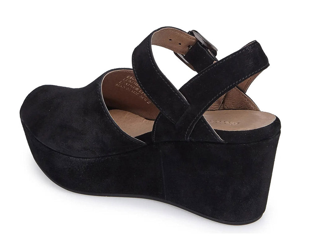 Black suede wedge peep toe platform sandal with a buckle ankle strap on a white background side angle view