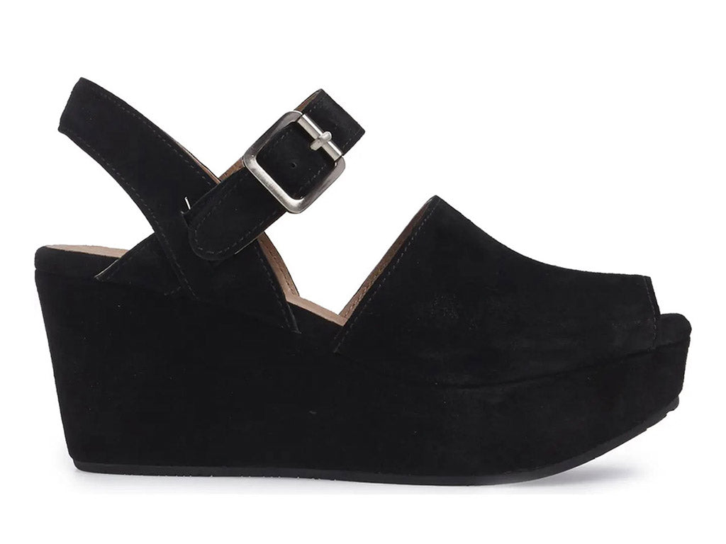 Black suede wedge peep toe platform sandal with a buckle ankle strap on a white background side view