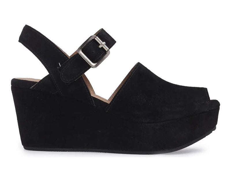Black suede wedge peep toe platform sandal with a buckle ankle strap on a white background side view
