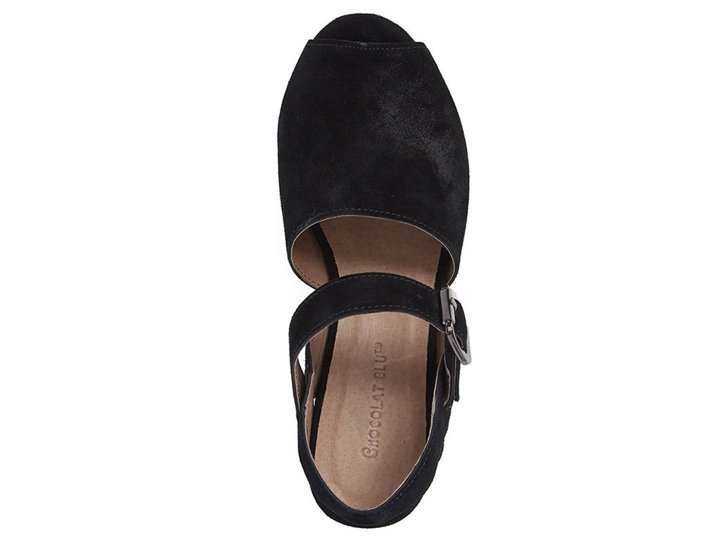 Black suede wedge peep toe platform sandal with a buckle ankle strap on a white background top view