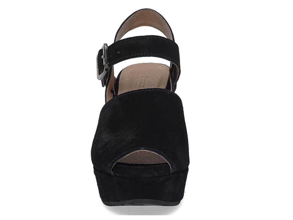 Black suede wedge peep toe platform sandal with a buckle ankle strap on a white background front view