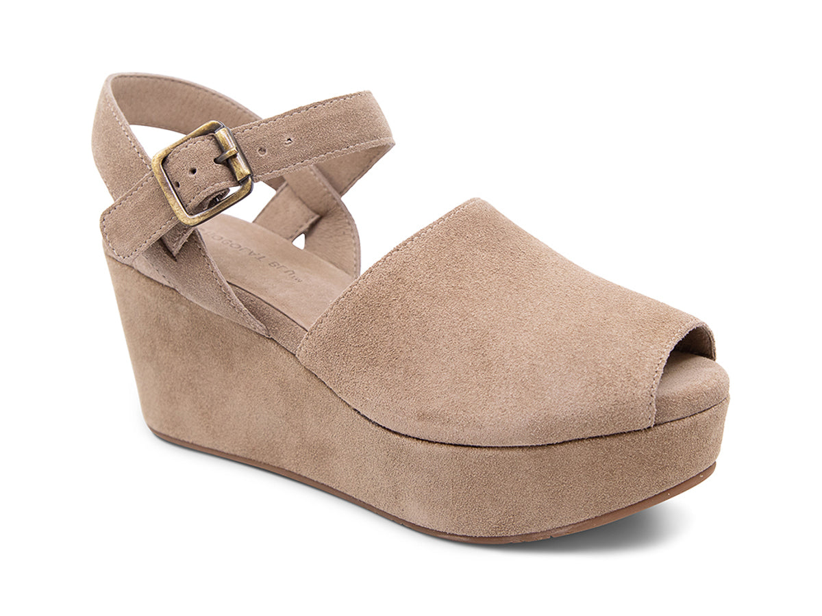 Taupe suede wedge peep toe platform sandal with a buckle ankle strap on a white background side angle view