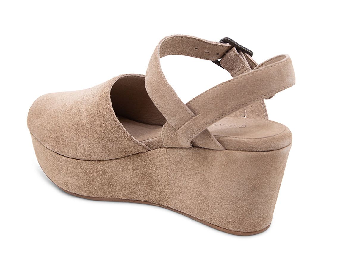 Taupe suede wedge peep toe platform sandal with a buckle ankle strap on a white background side angle view