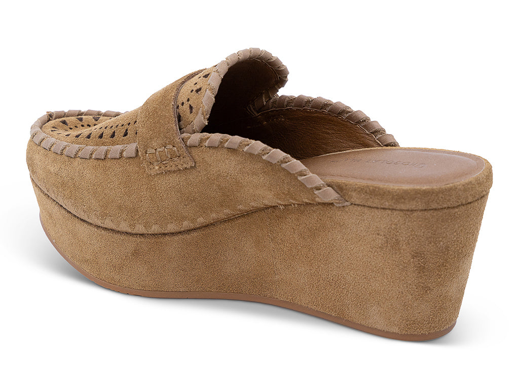 A camel suede wedge mule with decorative hand-stitched detailing and perforation - inner side view