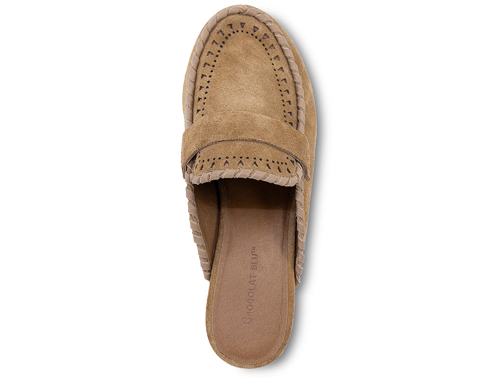 A camel suede wedge mule with decorative hand-stitched detailing and perforation - top view