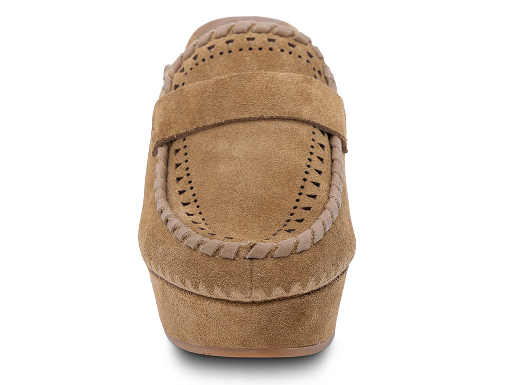 A camel suede wedge mule with decorative hand-stitched detailing and perforation - front view of the toe shape and the upper